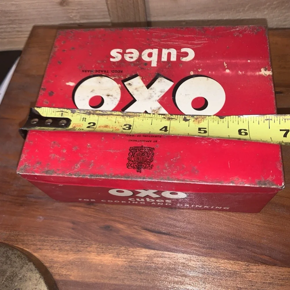 Vintage Old OXO Cubes Red Metal Tin Box & Lid King George VI Collectible Cooking